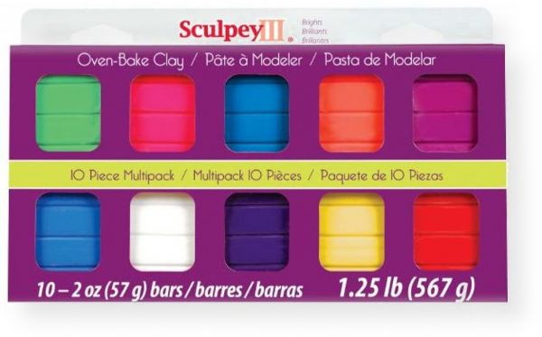 Sculpey S3MP 0500-1 III Polymer Clay Multipack Bright; Sculpey III is soft and ready to use right from the package; Stays soft until baked, start a project and put it away until you are ready to work again, and it wont dry out; Bakes in the oven in minutes; UPC 715891116128 (S3MP05001 S3MP-0500-1 S3MP05001 CLAY-S3MP-0500-1 SCULPLEYS3MP0500-1 SCULPEY-S3MP0500-1)